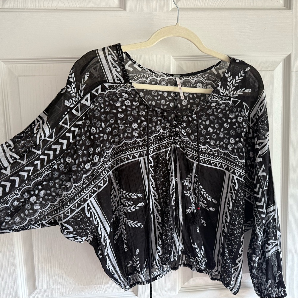 Free People Sheer Black & White Floral Print Front Tie Top